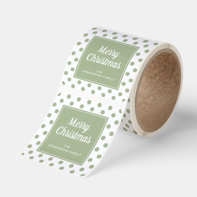 Merry Christmas Sage Green Polka Dots Square Sticker (Roll)