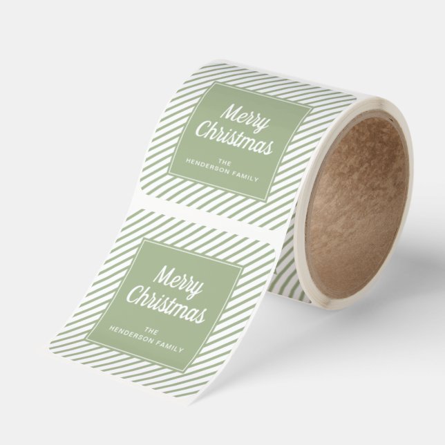 Merry Christmas Sage Green White Stripes Square Sticker (Roll)