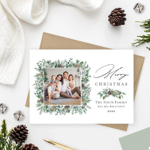 Merry Christmas Sage Greenery Pinecone Photo Holiday Card