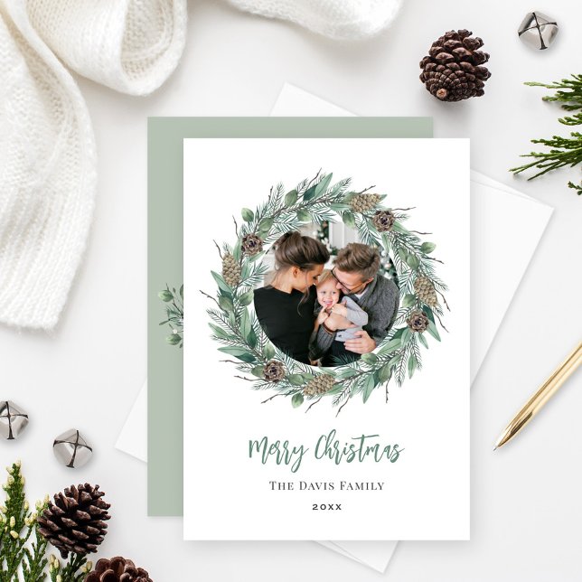Merry Christmas Sage Pinecone Wreath Photo Holiday Card (Creator Uploaded)