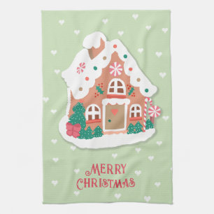 Merry Christmas Sage Pink Snowy Gingerbread House Kitchen Towel