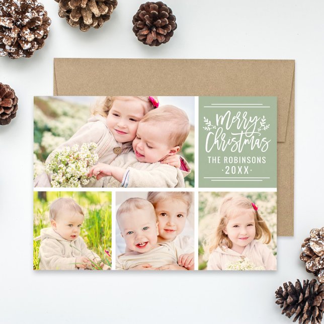 Merry Christmas Sage Script 4-Photo Collage Holiday Card (Creator Uploaded)