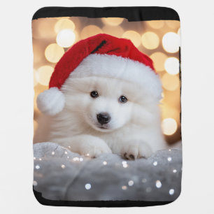 Merry Christmas Samoyed Puppy Dog with Santa Hat Baby Blanket
