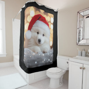 Merry Christmas Samoyed Puppy Dog with Santa Hat Shower Curtain