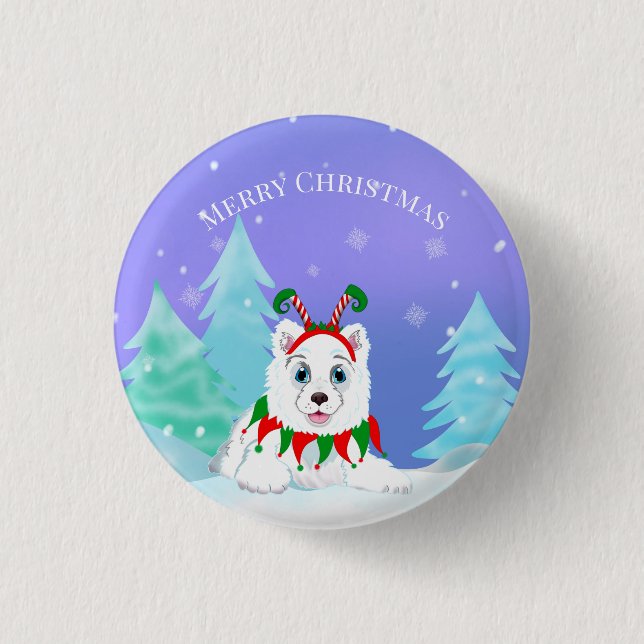 Merry Christmas Samoyed With Elf Headband  Button (Front)
