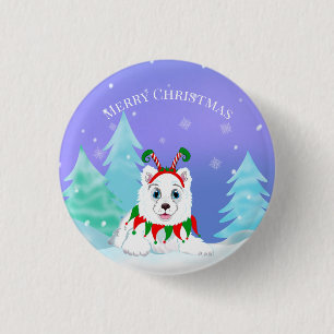 Merry Christmas Samoyed With Elf Headband  Button