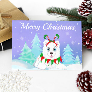 Merry Christmas Samoyed With Elf Headband Holiday Postcard