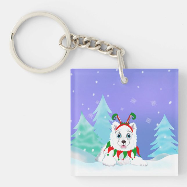 Merry Christmas Samoyed With Elf Headband Keychain (Front)