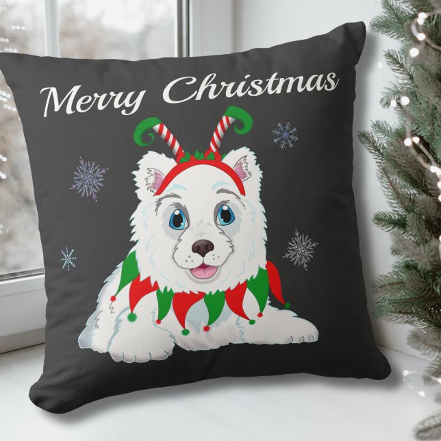 Merry Christmas Samoyed With Elf Headband Throw Pillow (Creator Uploaded)