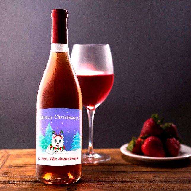 Merry Christmas Samoyed With Elf Headband Wine Label (Creator Uploaded)