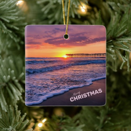 Merry Christmas San Diego Beach Pier Sunset Ceramic Ornament