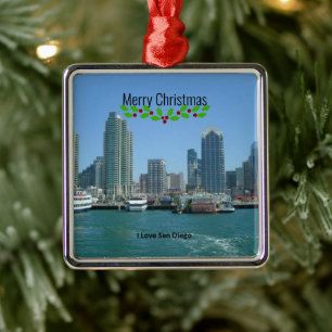 Merry Christmas, San Diego skyline, Metal Ornament