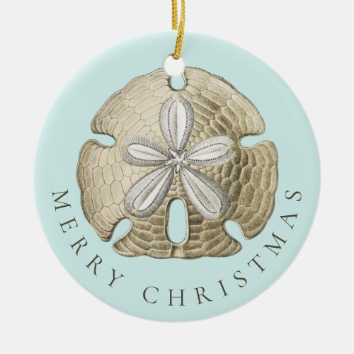 Merry Christmas Sand Dollar Turquoise Coastal Ceramic Ornament