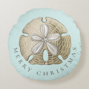 Merry Christmas Sand Dollar Turquoise Coastal Round Pillow