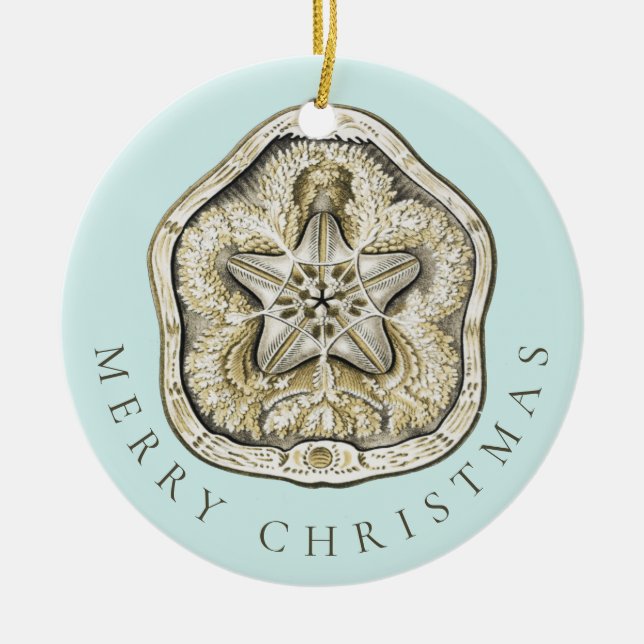 Merry Christmas Sand Dollar Turquoise Pattern Ceramic Ornament (Front)
