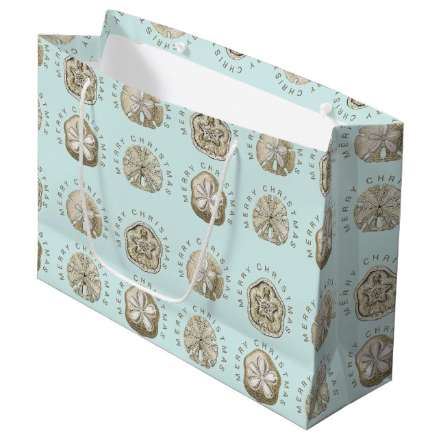 Merry Christmas Sand Dollar Turquoise Pattern   Large Gift Bag (Front Angled)
