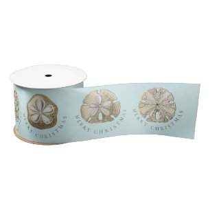 Merry Christmas Sand Dollar Turquoise Pattern Satin Ribbon