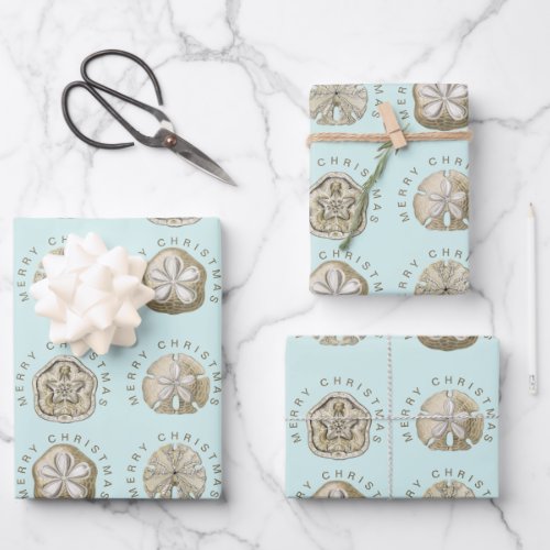 Merry Christmas Sand Dollar Turquoise Pattern Wrapping Paper Sheets