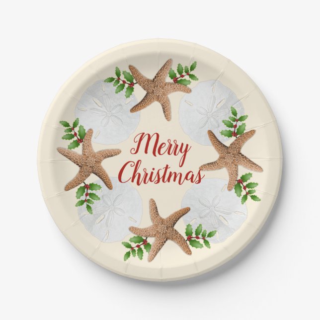 Merry Christmas Sand Dollars Christmas Wreath Paper Plates (Front)