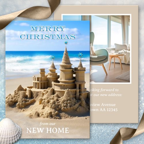 Merry Christmas Sandcastle Beach New Home Photo Holiday Card