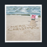 Merry Christmas Sandman On Beach Napkins<br><div class="desc">Cute sand snowman with Merry Chrsitmas text,  sunglasses,  and a striped stocking cap on beach sand.</div>