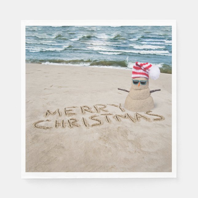 Merry Christmas Sandman On Beach Napkins (Front)