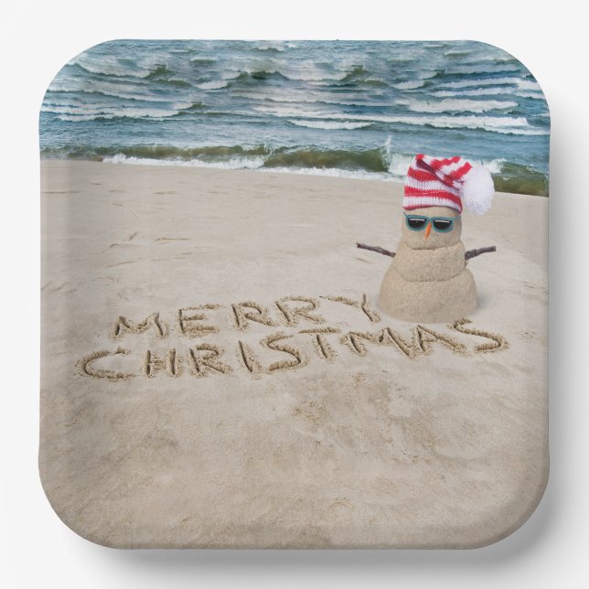 Merry Christmas Sandman On Beach Paper Plates (Front)