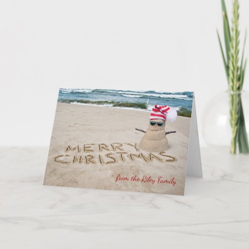 Merry Christmas sandy snowman on beach Holiday Card