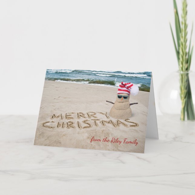 Merry Christmas sandy snowman on beach Holiday Card (Front)