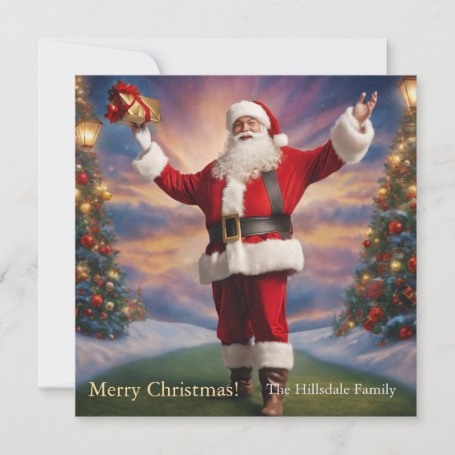 Merry Christmas Santa and Christmas Trees  Holiday Card (Front)