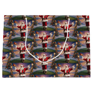 Merry Christmas Santa and Christmas Trees  Large Gift Bag