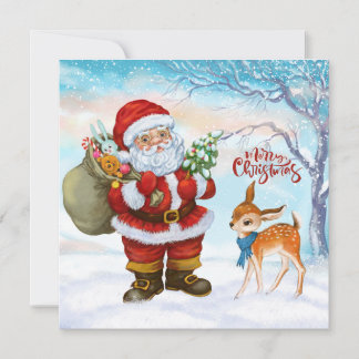 Merry Christmas Santa and Deer Holiday Card