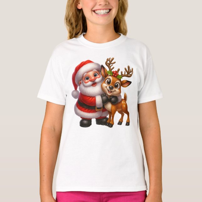 Merry Christmas Santa and Deer T-shirt (Front)