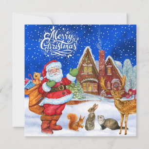 Merry Christmas Santa and Forest Animals Holiday Card
