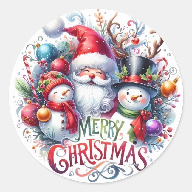 Merry Christmas Santa And Friends Classic Round Sticker (Front)