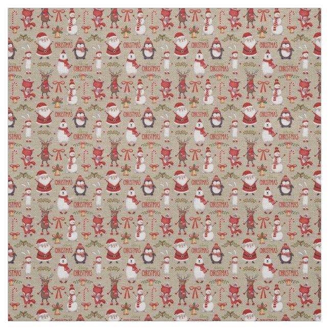 Merry Christmas Santa And Friends Fabric (Swatch)