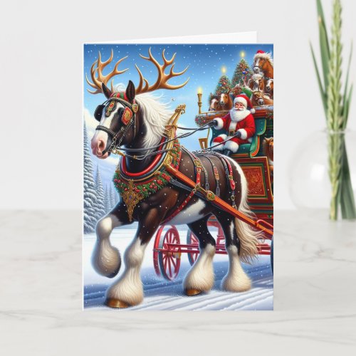 Merry Christmas Santa and His Horse With Antlers Holiday Card