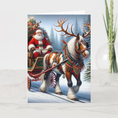 Merry Christmas Santa and His Horse With Antlers Holiday Card