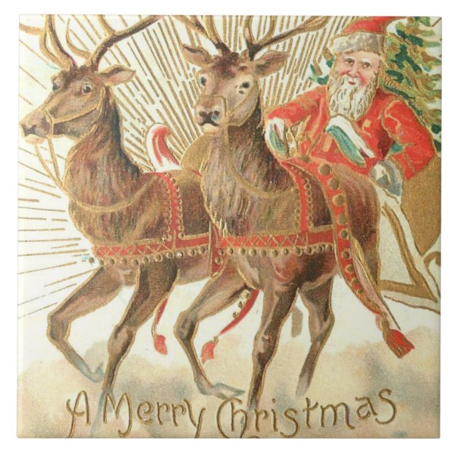 Merry Christmas (Santa and his Reindeer) Ceramic Tile (Front)