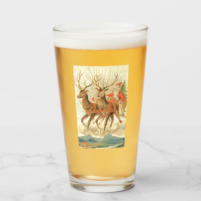 Merry Christmas (Santa and his Reindeer) Glass (Front Filled)