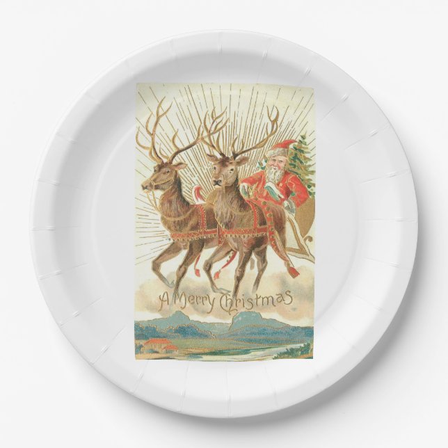 Merry Christmas (Santa and his Reindeer) Paper Plates (Front)