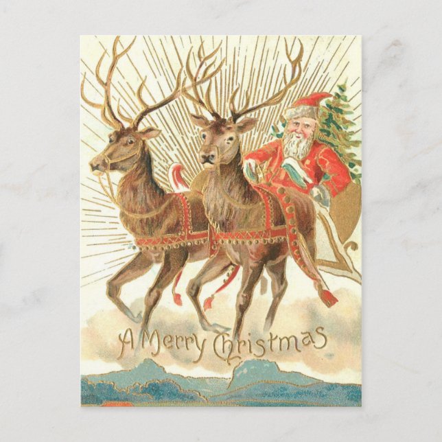 Merry Christmas (Santa and his Reindeer) Postcard (Front)
