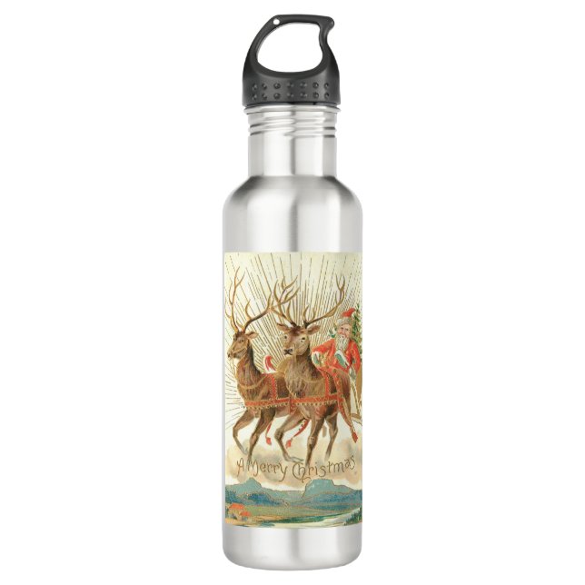 Merry Christmas (Santa and his Reindeer) Stainless Steel Water Bottle (Front)