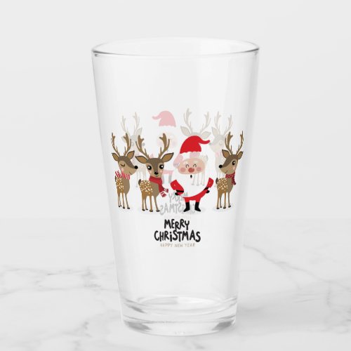 Merry Christmas Santa and Reindeer  Glass