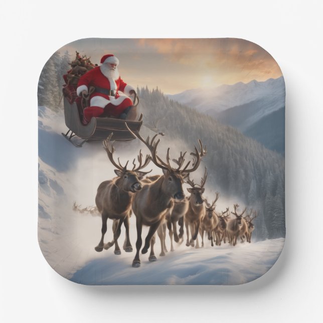 Merry Christmas Santa and Reindeer  Paper Plates (Front)