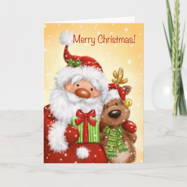 Merry Christmas, Santa and Reindeer portrait Card (Front)