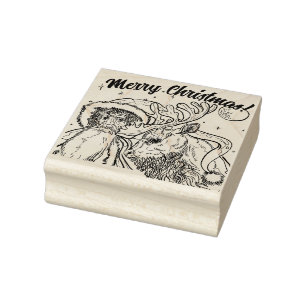 Merry Christmas Santa and Reindeer Rubber Stamp