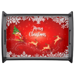 Merry Christmas Santa and Reindeer with Snowflakes Serving Tray