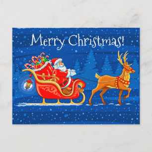 Merry Christmas Santa and Sleigh with Reindeer Holiday Postcard