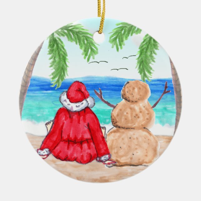 Merry Christmas Santa and Snowman on Beach Ceramic Ornament (Front)